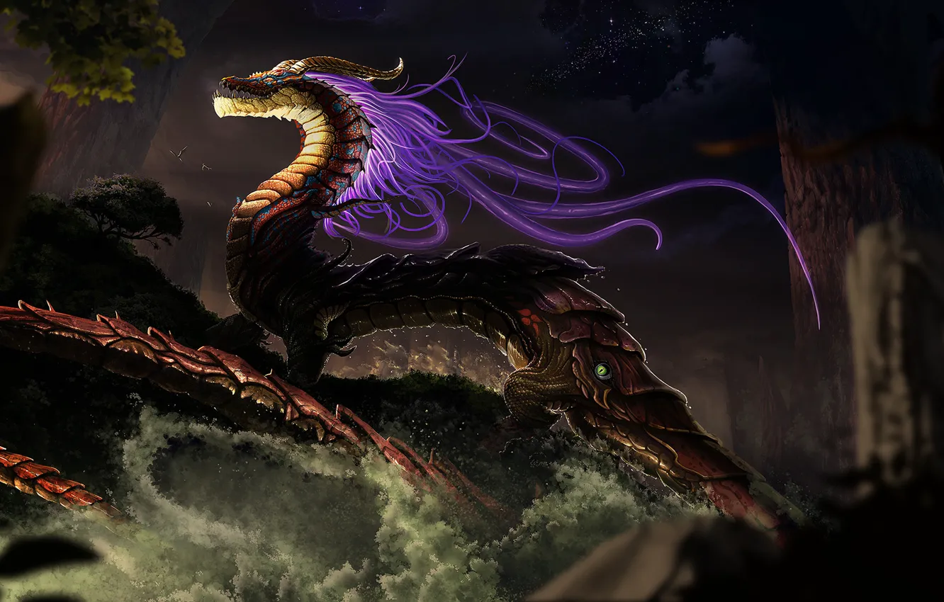 Photo wallpaper forest, trees, fiction, dragon, snake, spirit, art