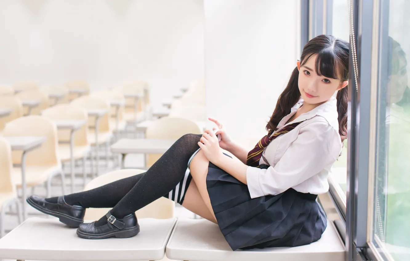 Photo wallpaper girl, asian, Schoolgirl, KNEE SOCKS