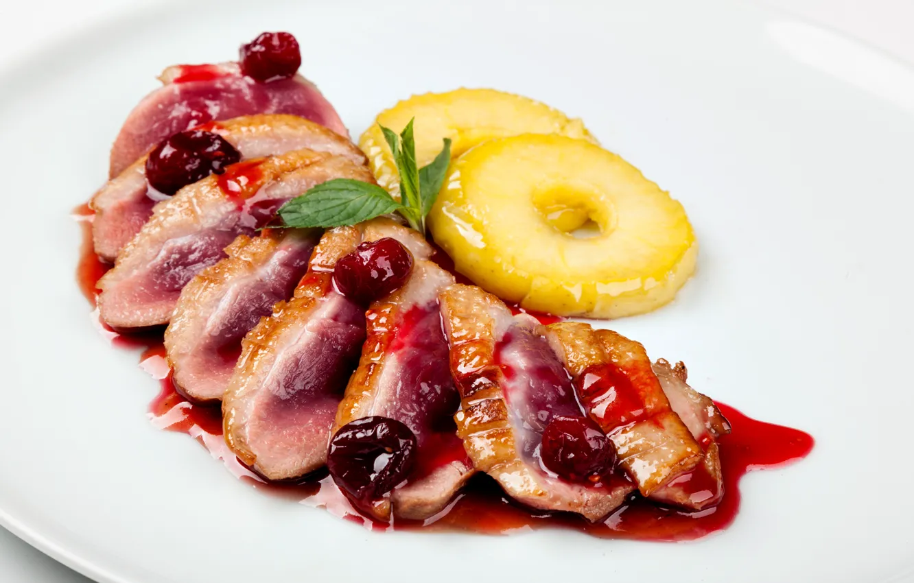 Photo wallpaper meat, pineapple, mint, sauce