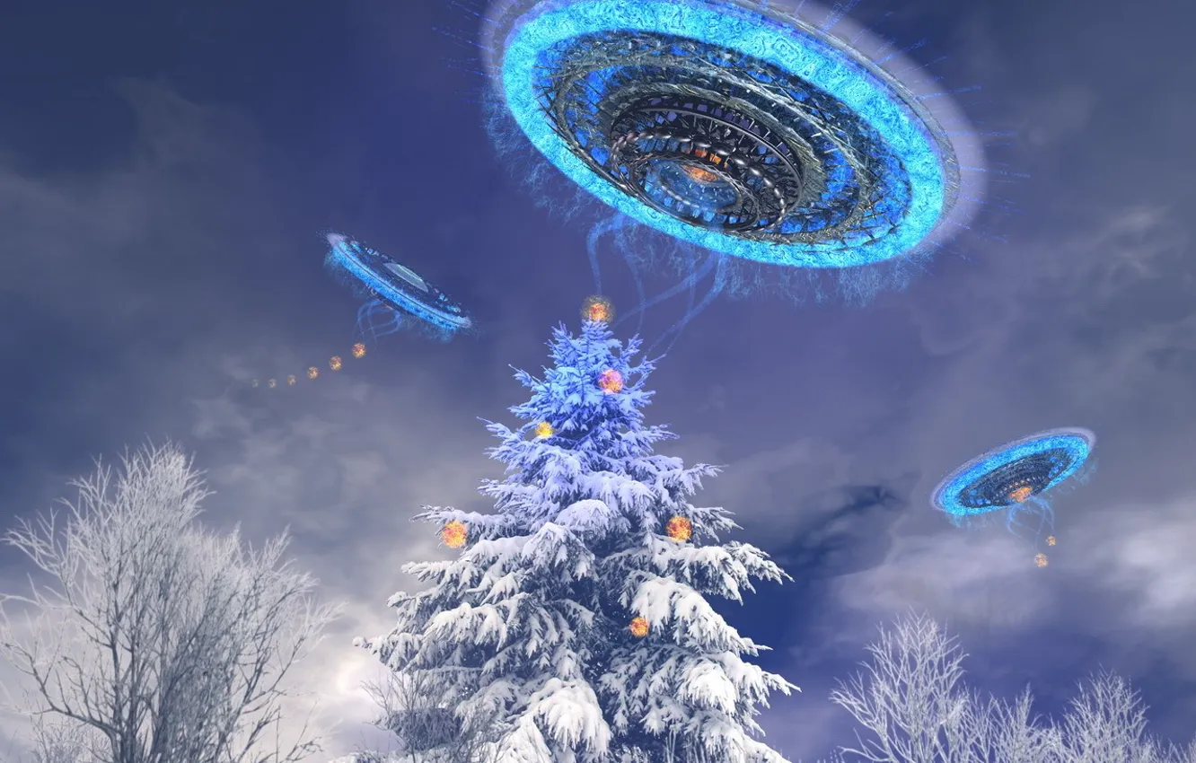 Photo wallpaper tree, new year, UFO