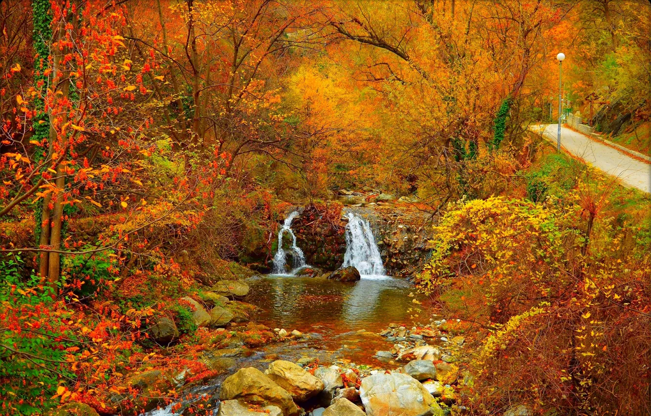 Photo wallpaper autumn, stones, foliage, waterfall, stream, colors, track, river