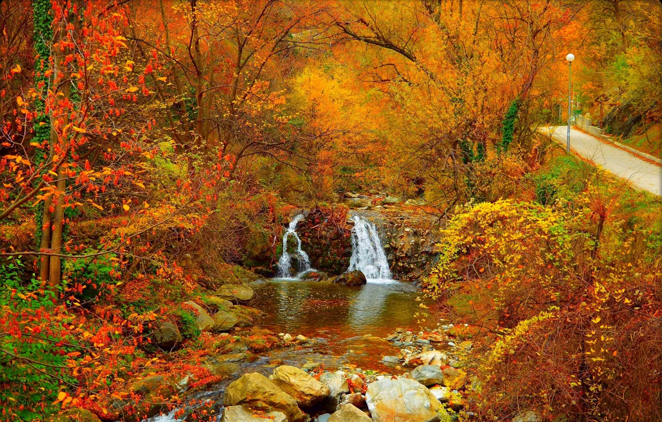 Photo wallpaper Stream, Waterfall, Autumn, Stones, Fall, Foliage, River, Track