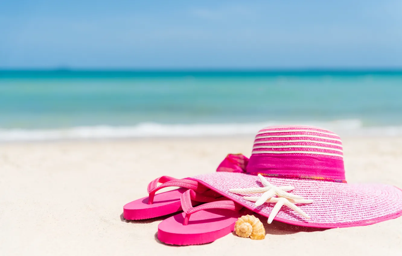 Photo wallpaper sand, beach, stay, star, hat, shell, summer, beach