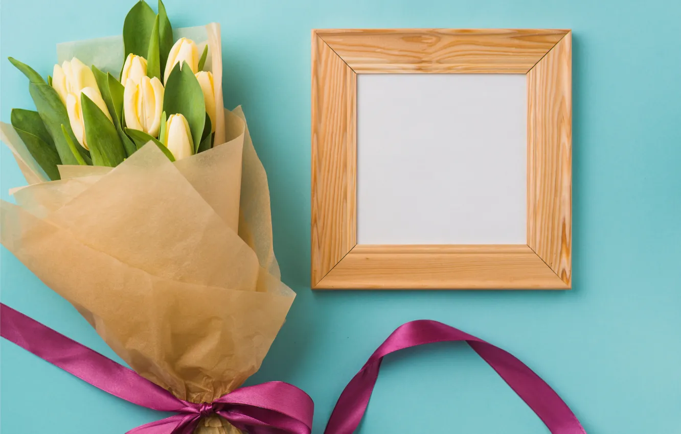 Photo wallpaper flowers, bouquet, frame, tape, tulips, yellow, flowers, romantic