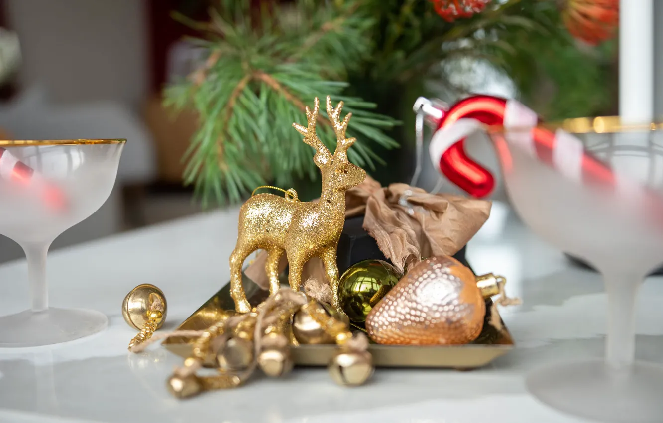 Photo wallpaper figures, Christmas decorations, table, gold, cane, blur, deer, needles