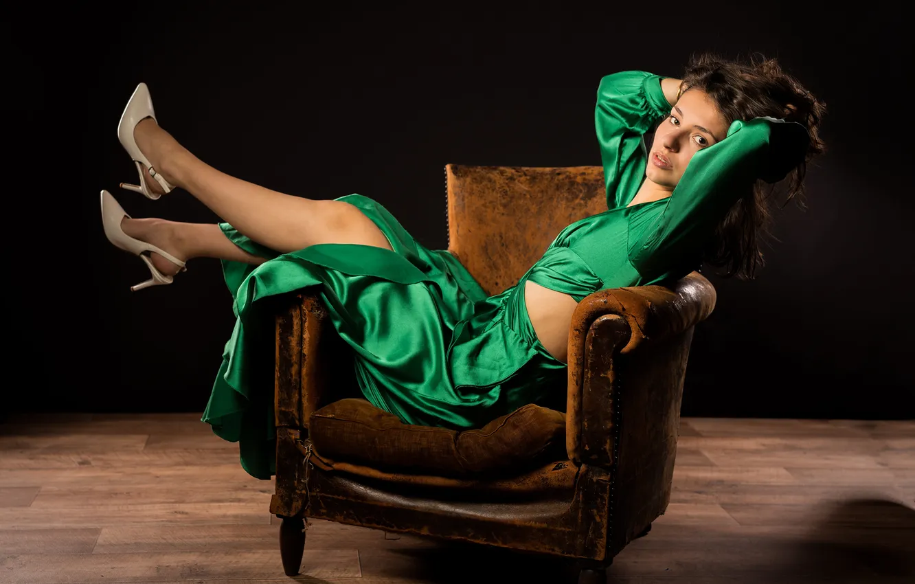 Photo wallpaper pose, feet, chair, dress, shoes, Talia