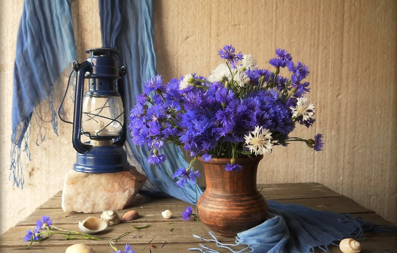 Photo wallpaper flowers, lamp, pitcher, wood, cornflowers