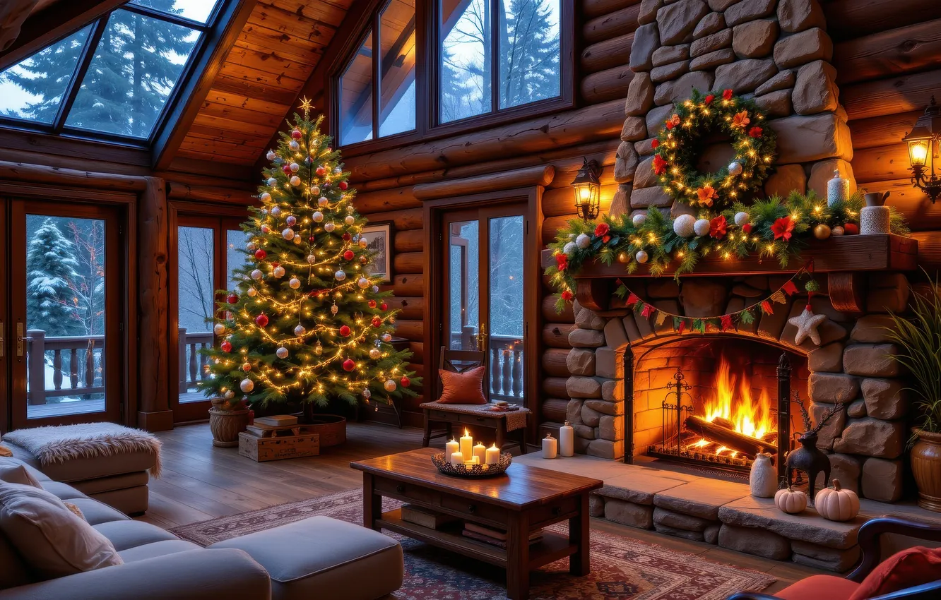 Photo wallpaper winter, balls, snow, room, sofa, carpet, furniture, new year