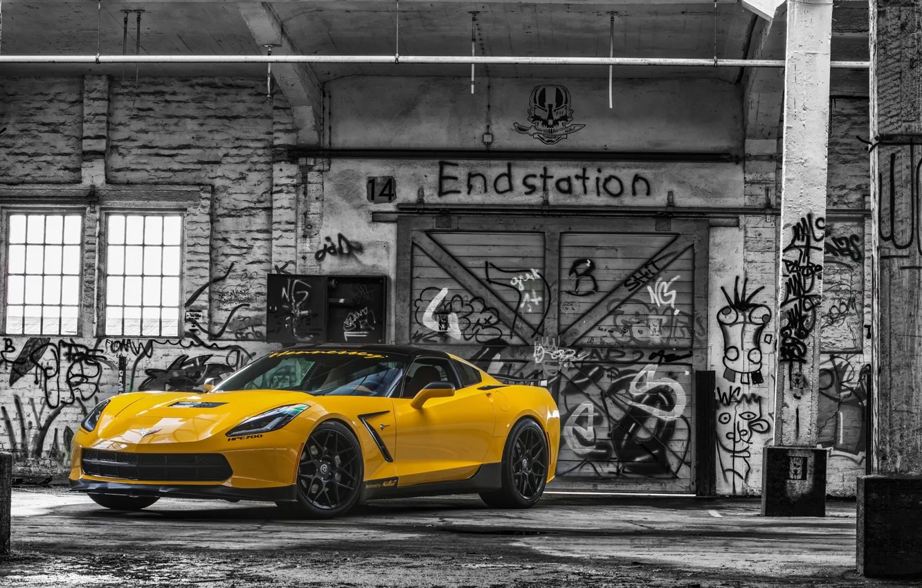 Photo wallpaper yellow, gate, Corvette, Chevrolet, grafiti, Chevrolet, Corvette, Stingray