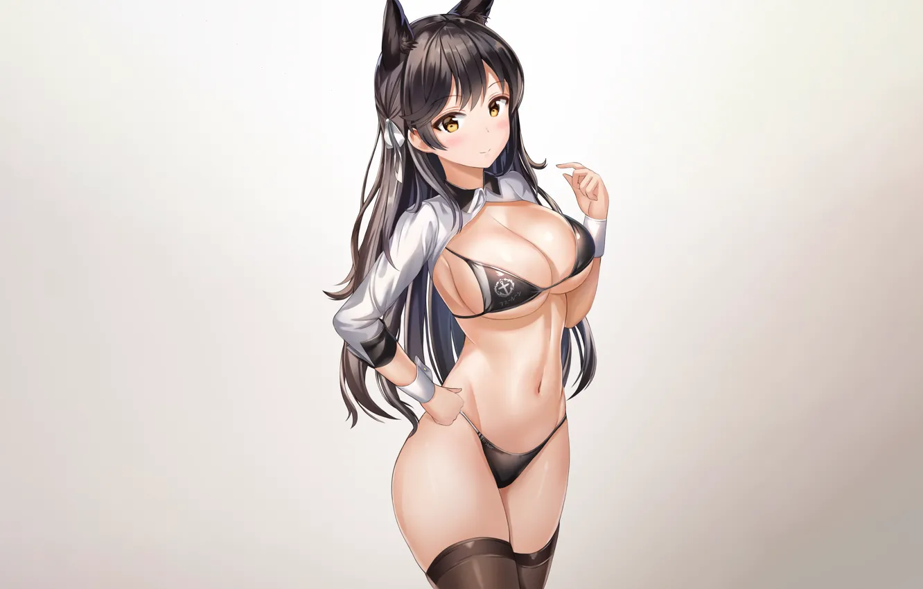 Photo wallpaper girl, sexy, cleavage, thighhighs, long hair, brown hair, boobs, animal ears