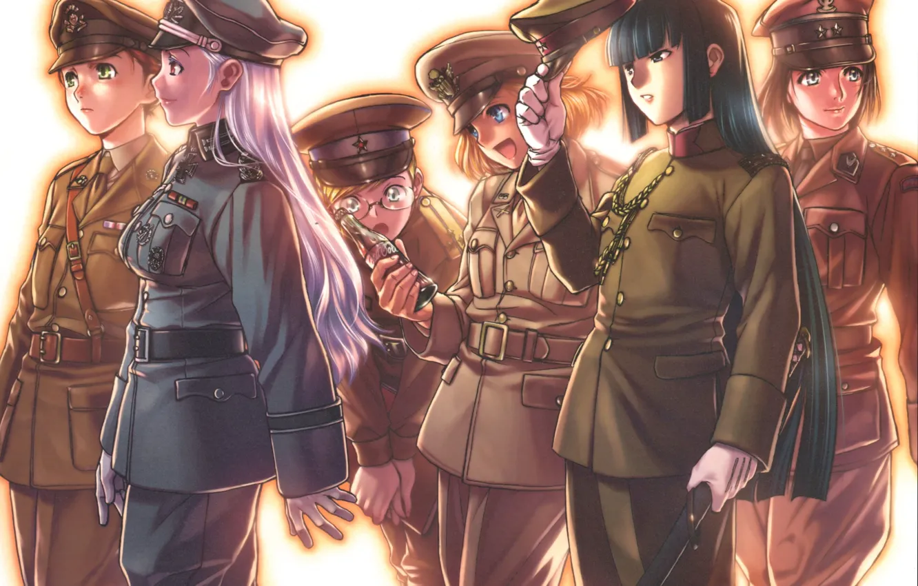 Photo wallpaper smile, girls, glasses, strap, cap, long hair, badge, military uniform
