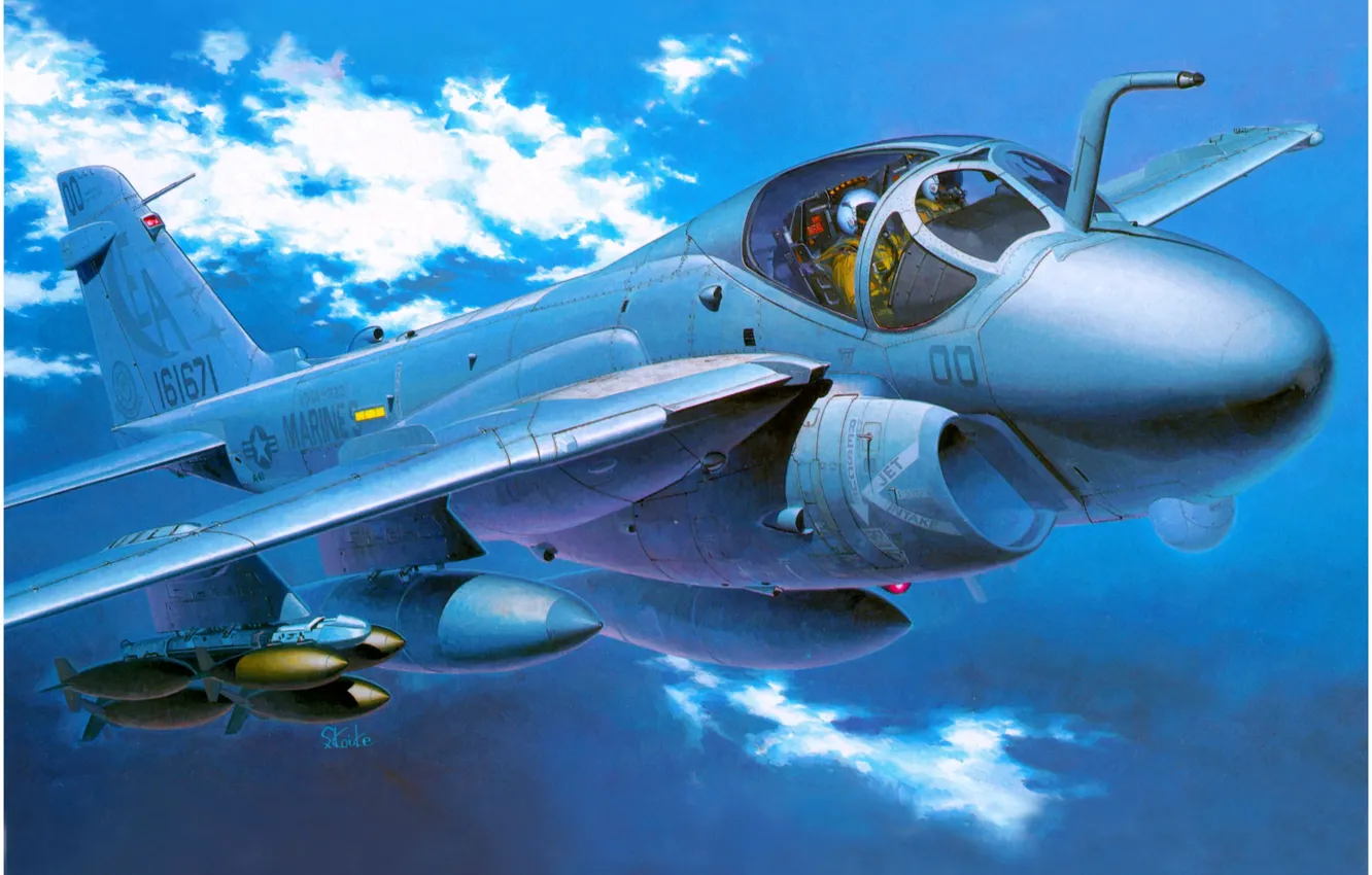 Photo wallpaper the sky, clouds, art, flight, Grumman, USAF, strike aircraft, A-6 Intruder