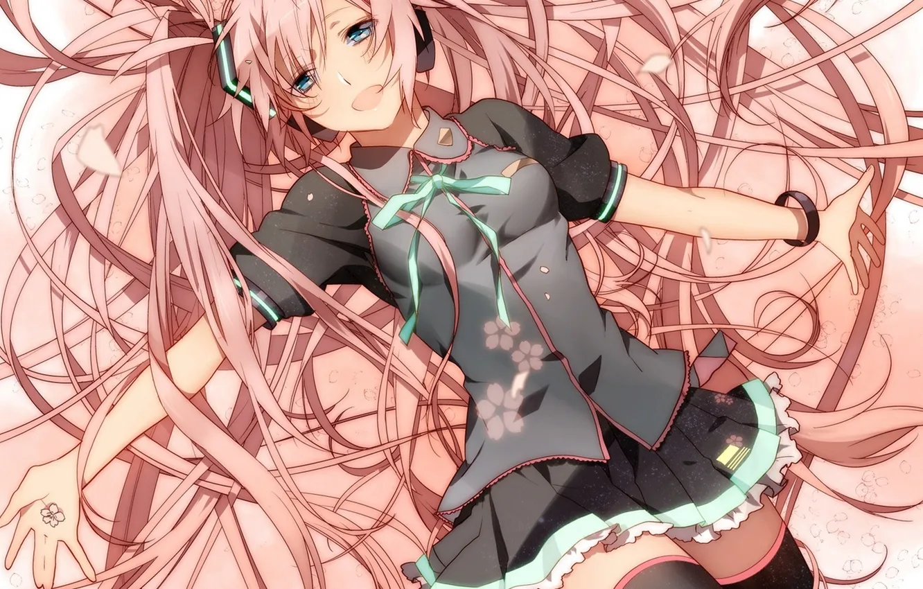 Photo wallpaper girl, flowers, petals, headphones, Sakura, art, vocaloid, Vocaloid
