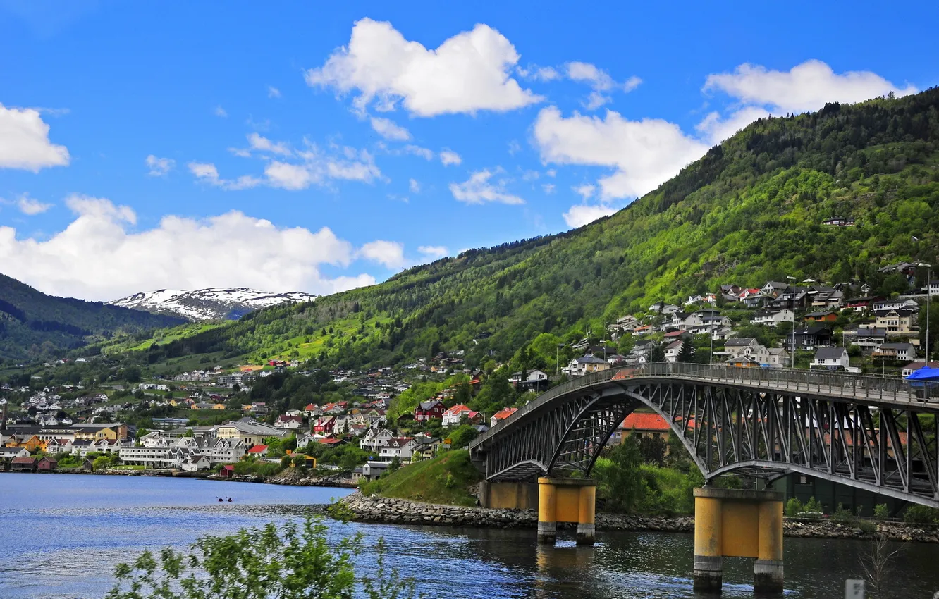 Photo wallpaper summer, mountains, bridge, the city, river, home