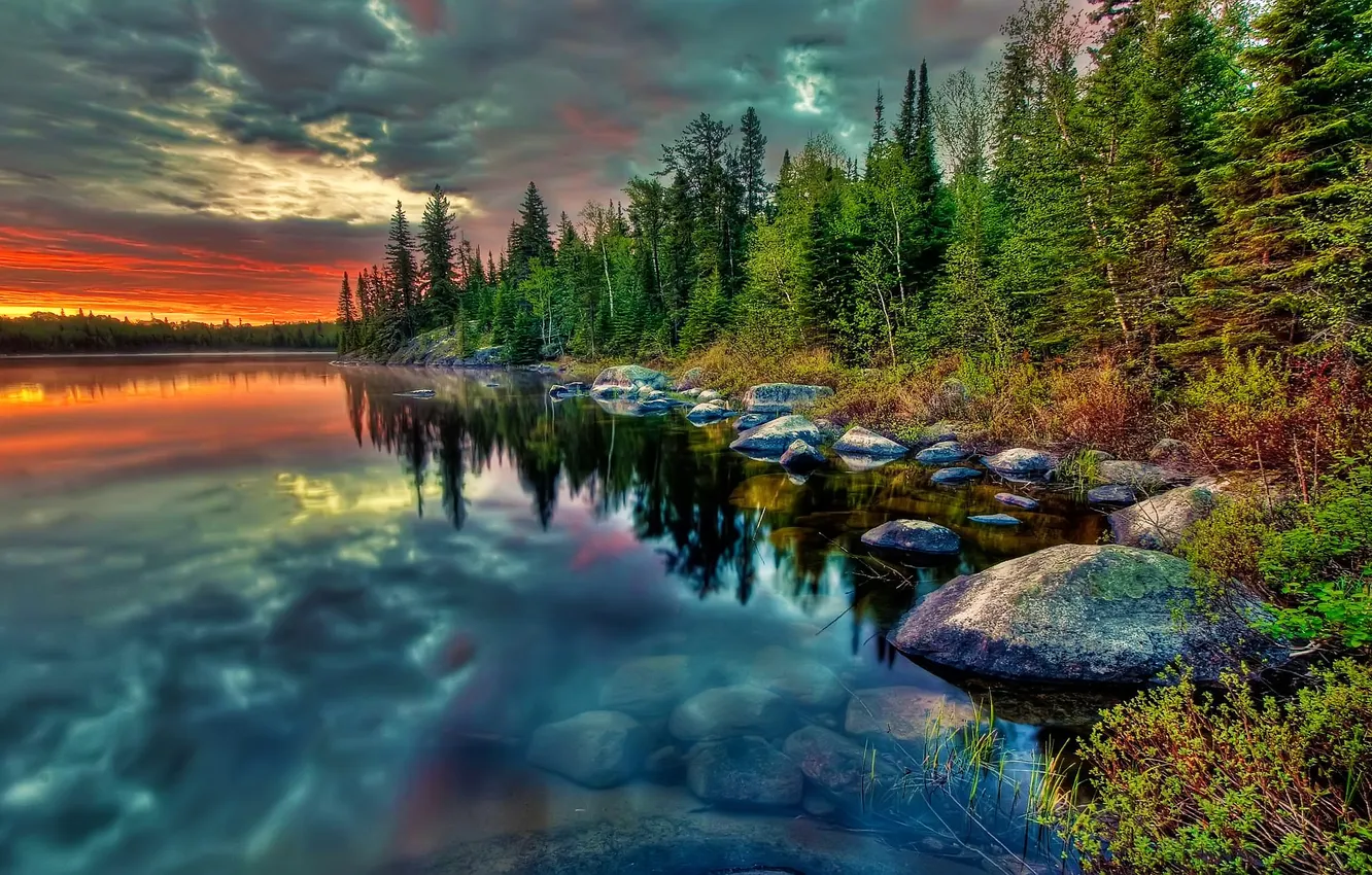 Photo wallpaper the sky, clouds, trees, sunset, nature, lake, Landscapes