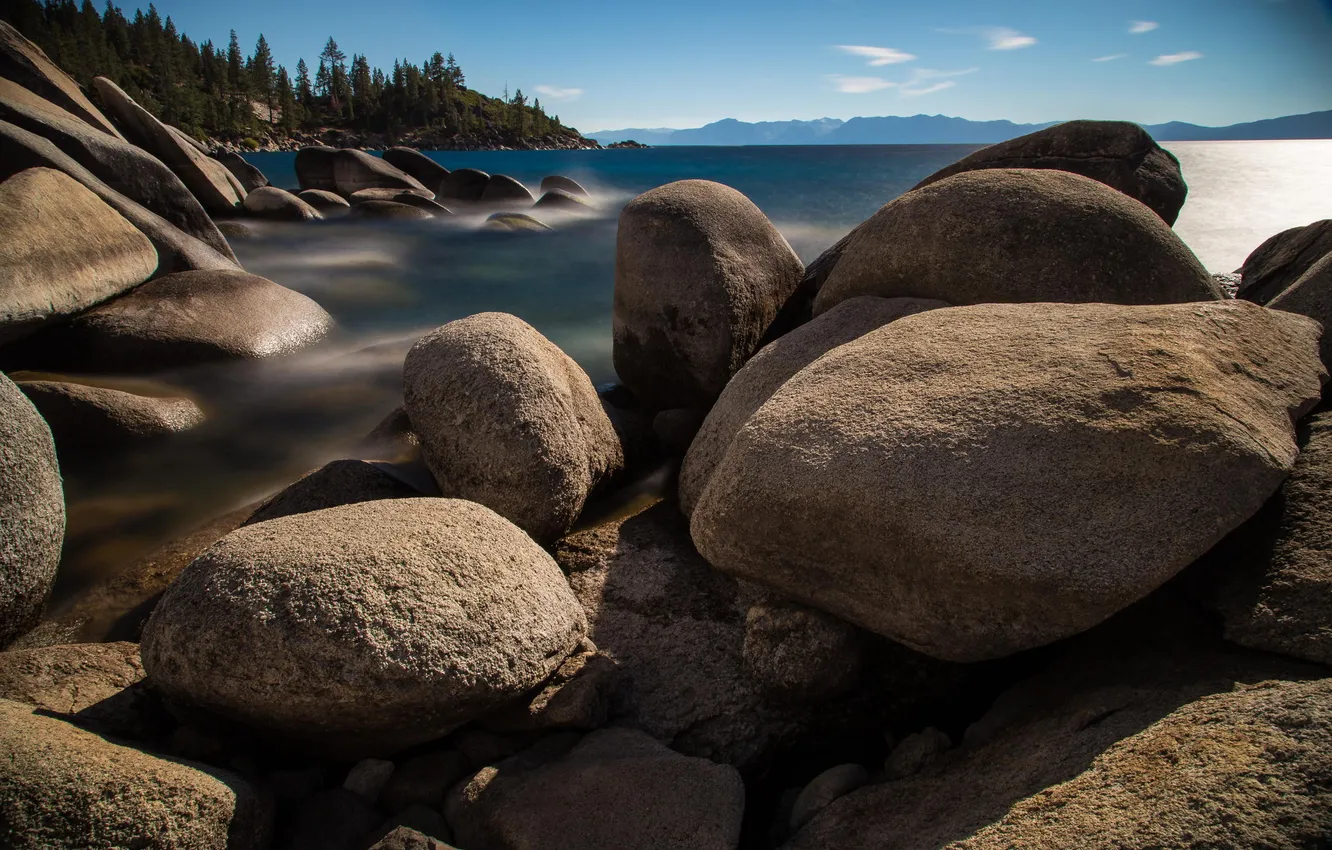 Photo wallpaper forest, mountains, nature, lake, stones