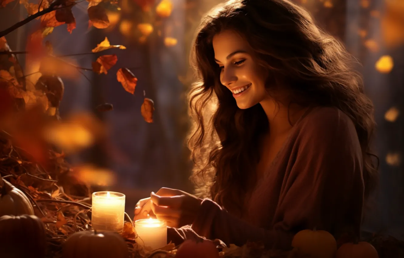 Photo wallpaper autumn, girl, light, smile, foliage, candles, AI art, neural network
