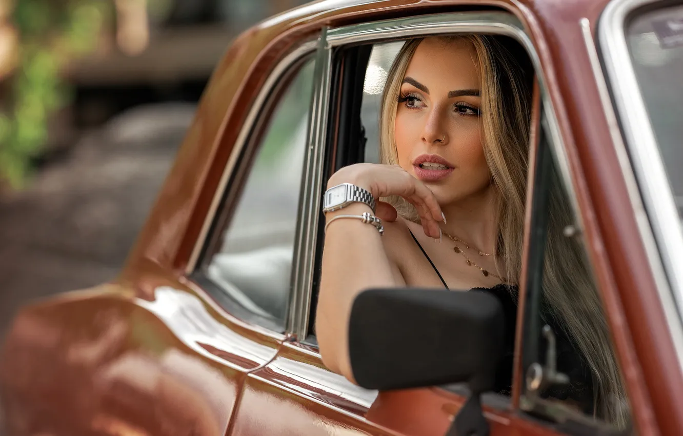 Photo wallpaper machine, girl, hands, window, blonde, car
