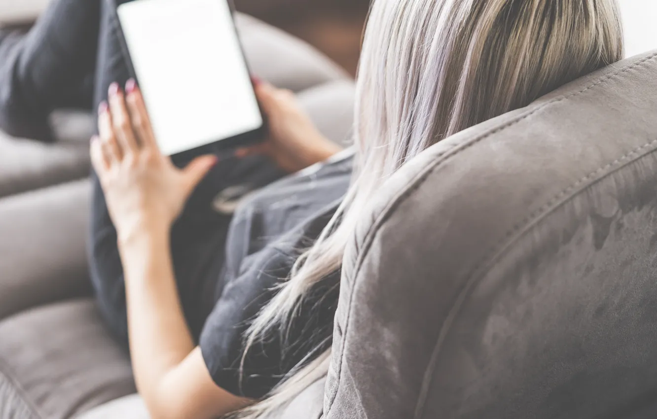 Photo wallpaper girl, sofa, tablet, reads, her grey hair