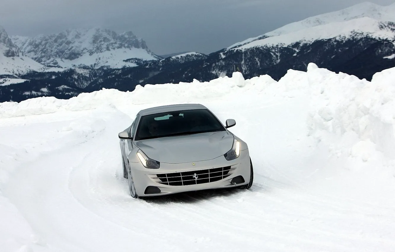 Photo wallpaper winter, road, the sky, snow, mountains, supercar, Ferrari, Ferrari FF