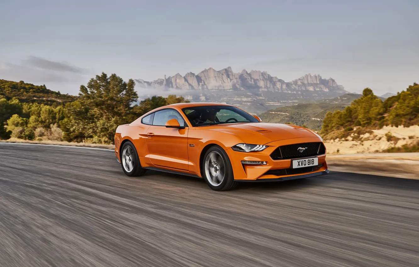 Photo wallpaper road, orange, movement, Ford, 2018, fastback, Mustang GT 5.0