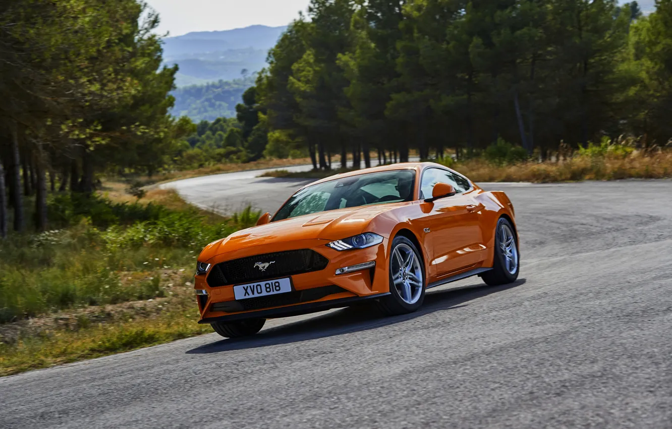 Photo wallpaper road, grass, trees, orange, vegetation, coupe, Ford, roadside