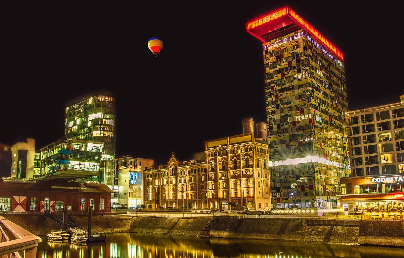 Photo wallpaper the sky, night, lights, balloon, building, home, Germany, pier