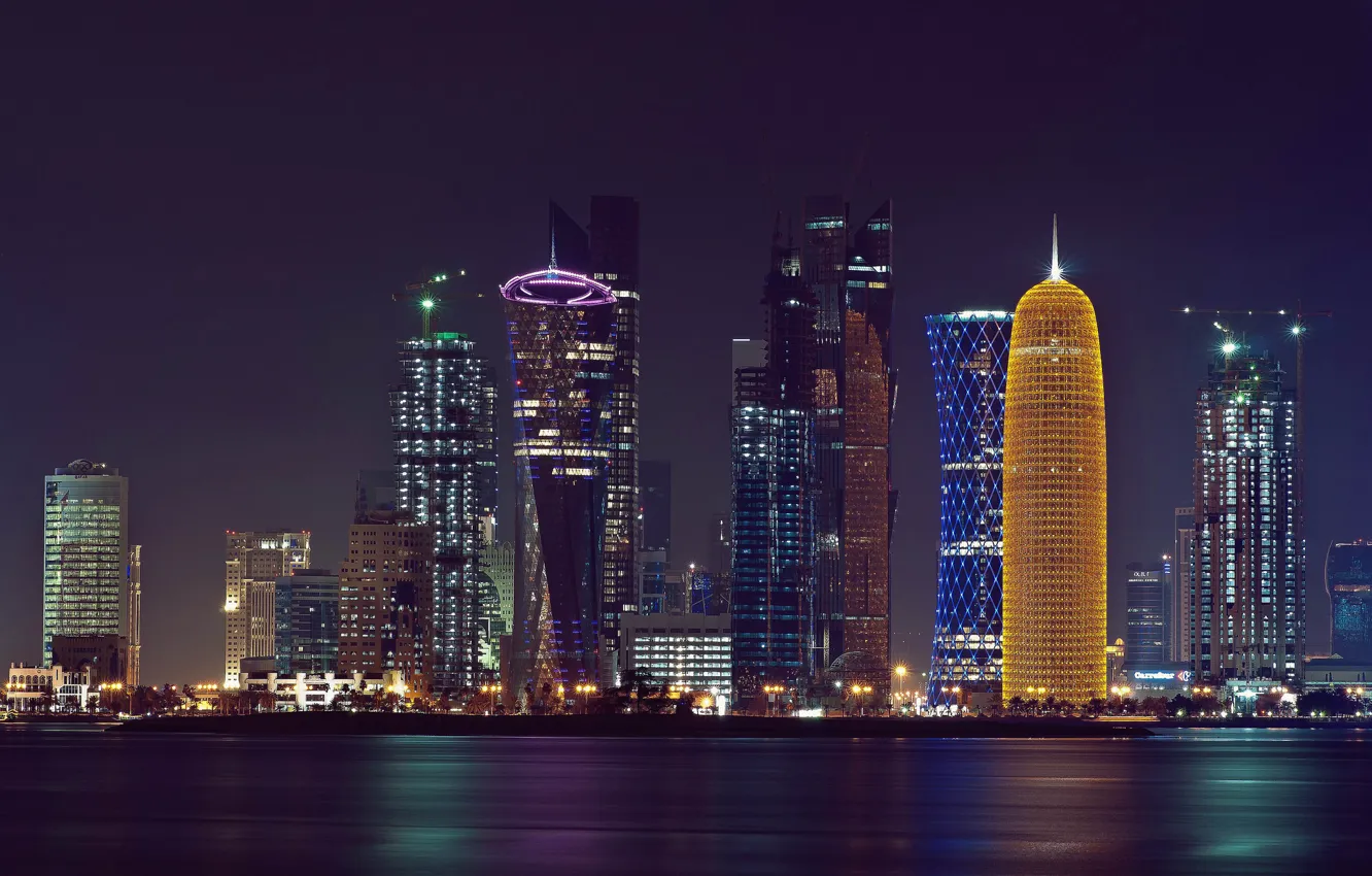 Photo wallpaper night, the city, lights, The Persian Gulf, Doha, Qatar