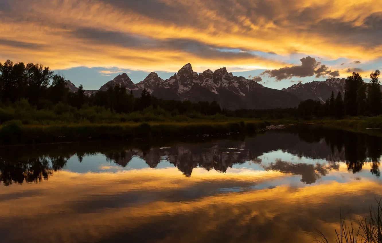 Photo wallpaper sunset, mountains, lake, reflection, shore, tops, the evening, pond