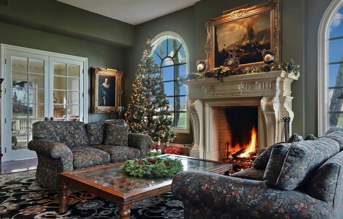 Photo wallpaper table, pictures, New year, tree, fireplace, sofas, living room