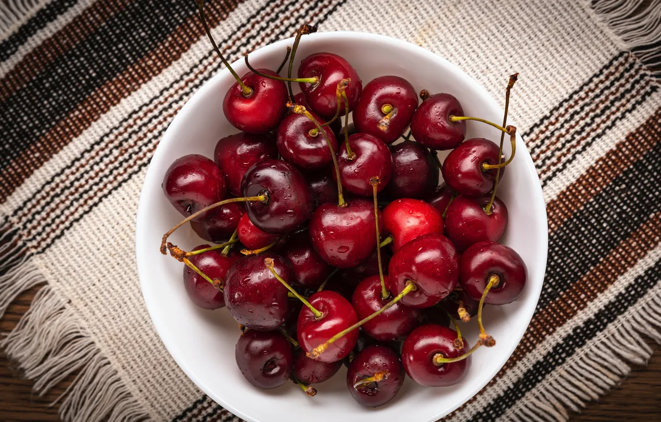 Photo wallpaper cherry, berries, towel, bowl, cherry