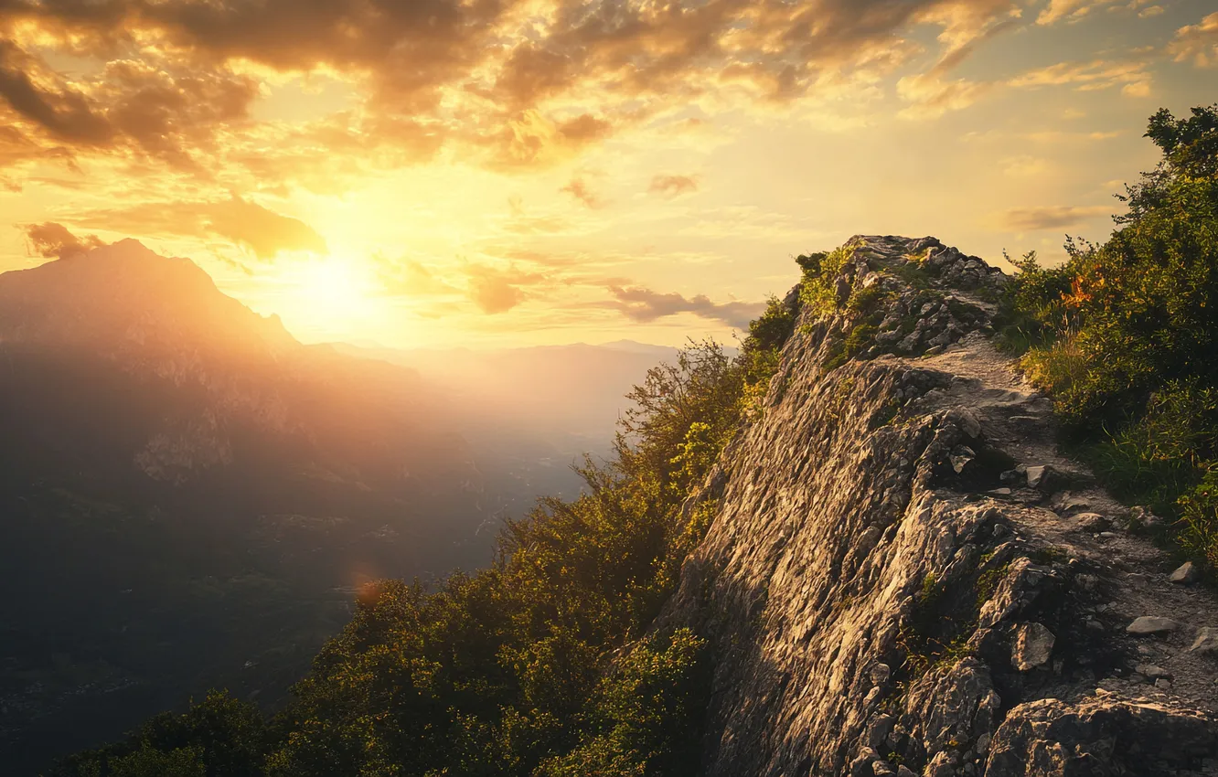 Photo wallpaper the sky, the sun, clouds, rays, light, mountains, fog, stones