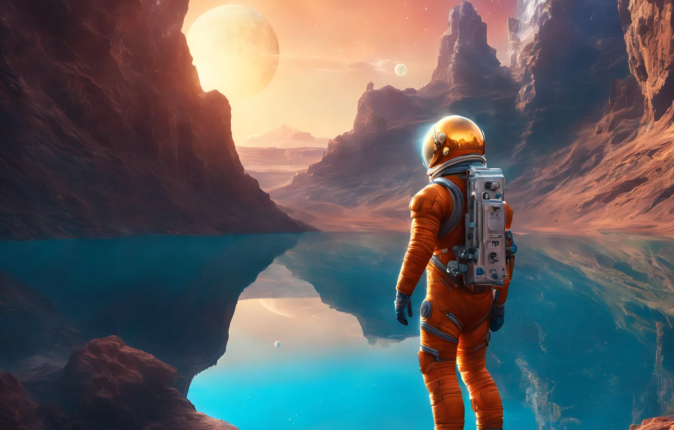 Photo wallpaper the sky, mountains, lake, rocks, shore, planet, astronaut, the suit