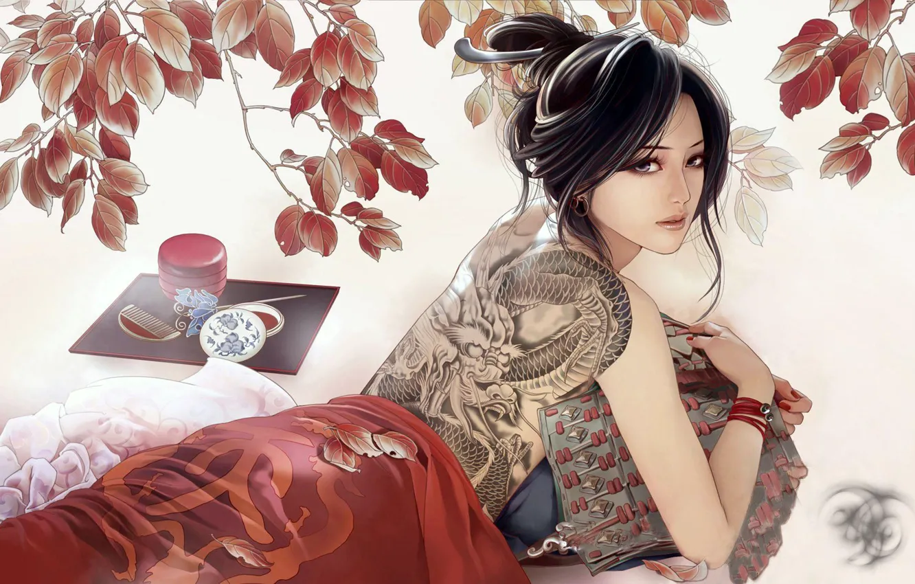 Photo wallpaper dragon, figure, brunette, tattoo, JX Online