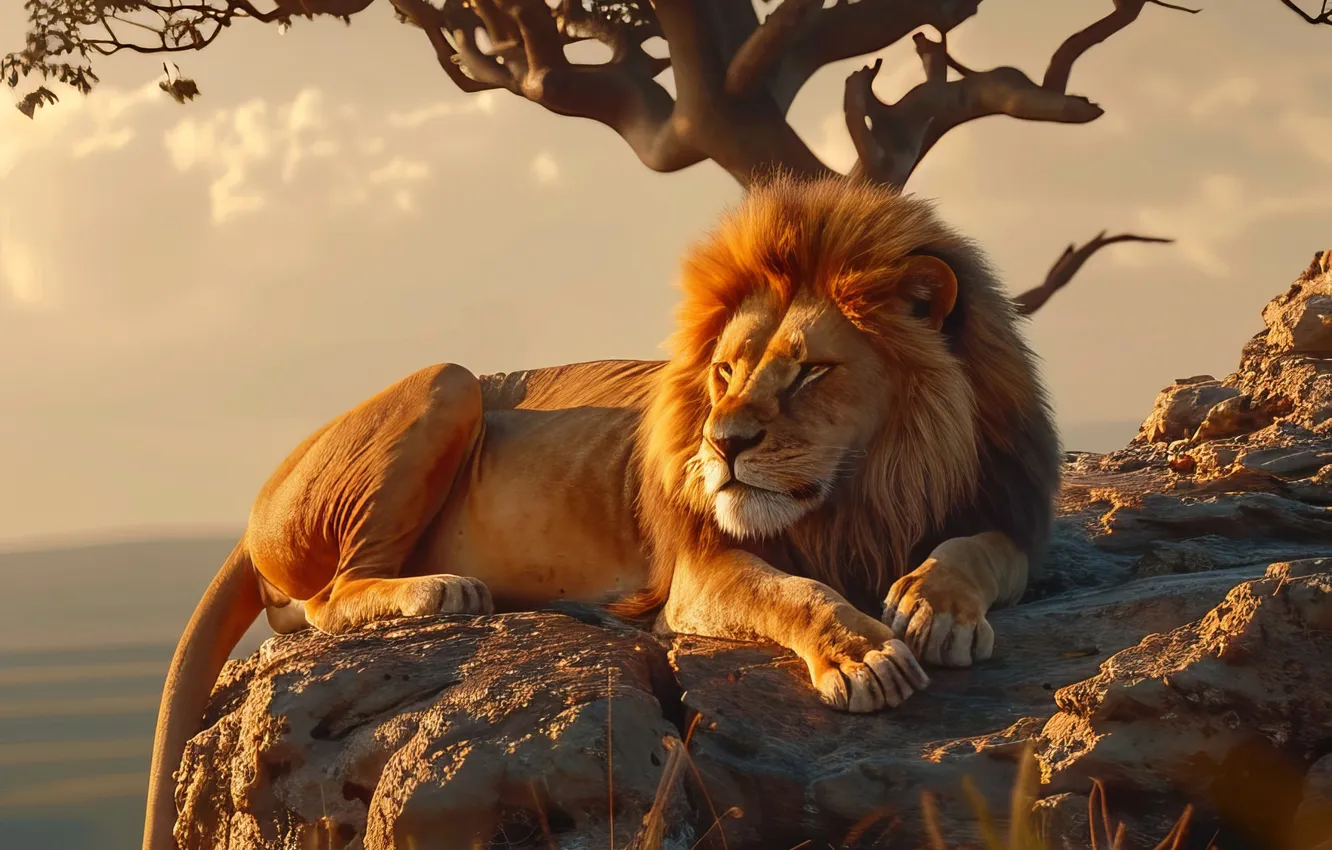 Photo wallpaper trees, stones, dawn, predator, Leo, big cat, digital art, AI art