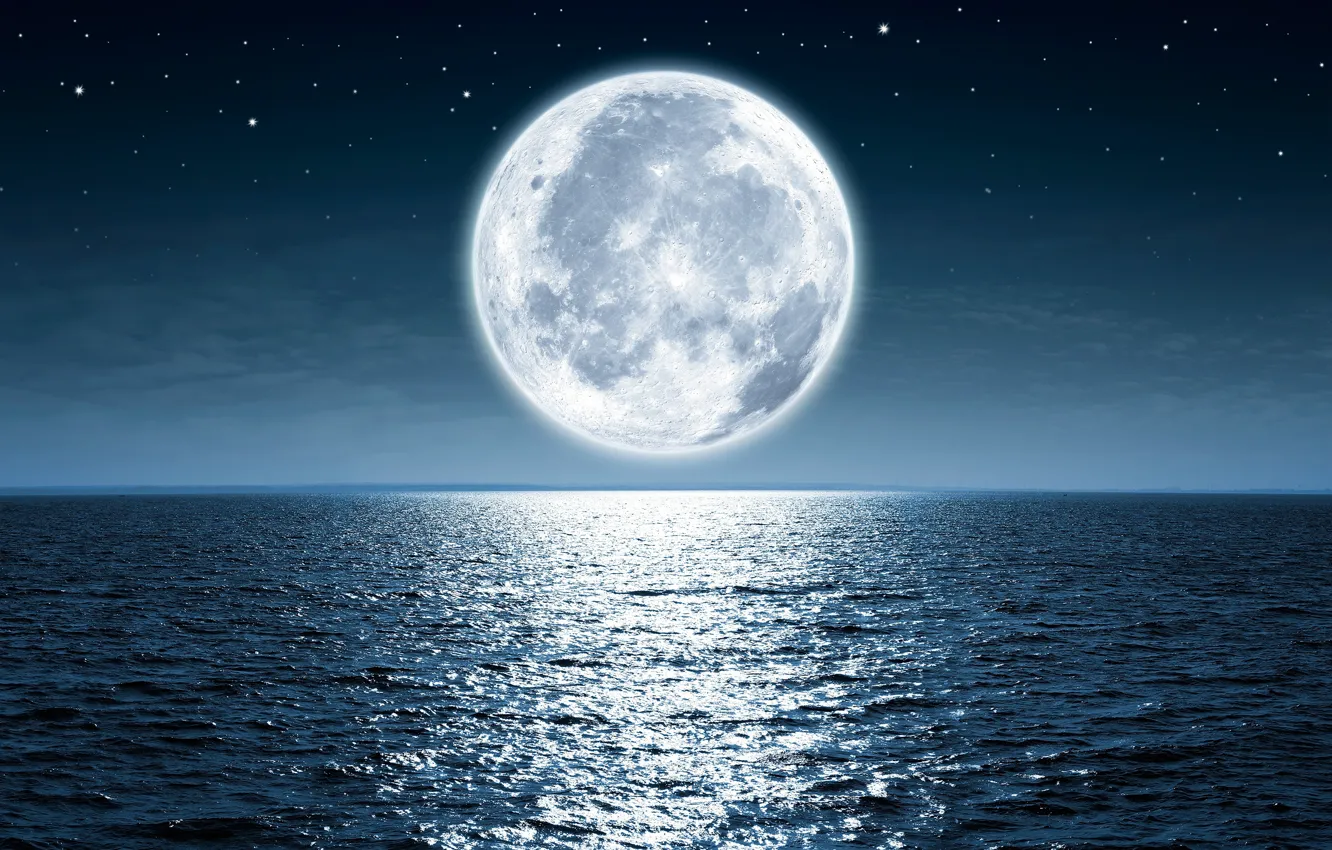 Photo wallpaper the sky, stars, light, night, the ocean, the moon