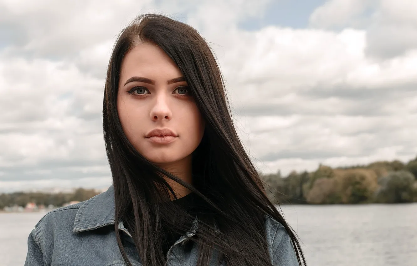 Photo wallpaper look, clouds, landscape, nature, river, model, portrait, makeup