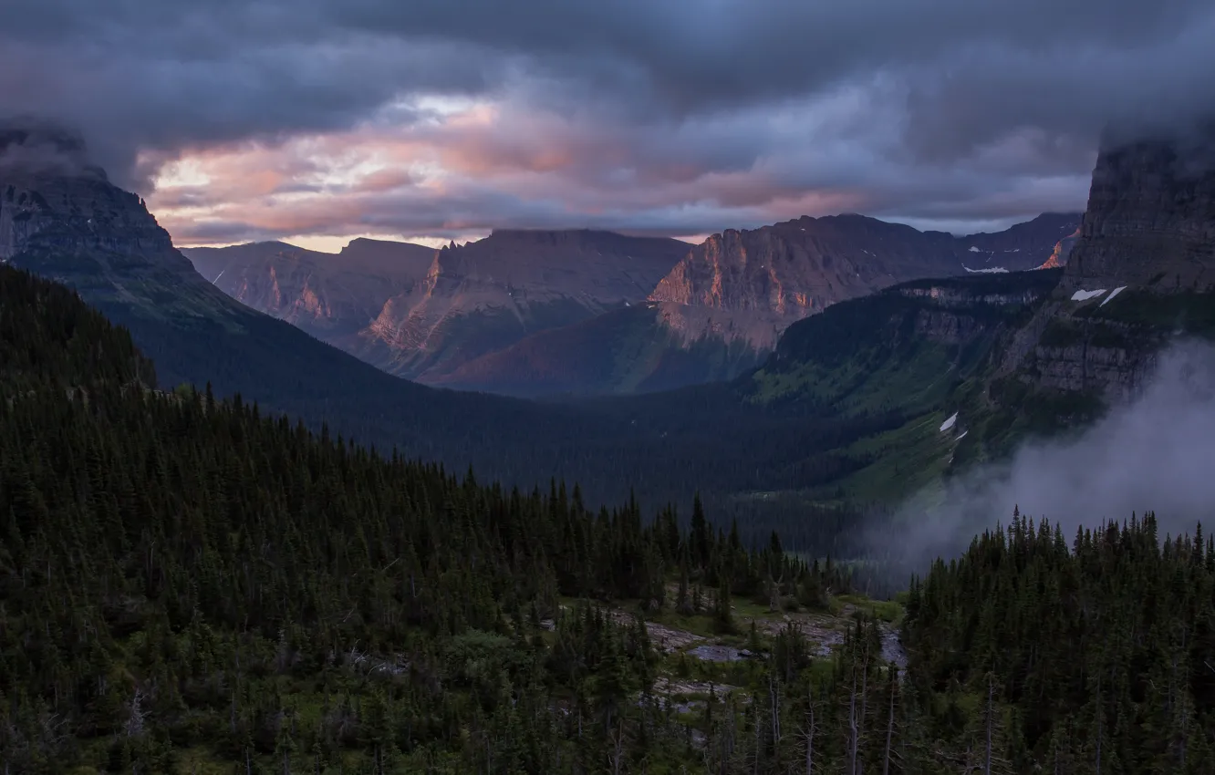 Photo wallpaper the sky, trees, mountains, clouds, nature, rocks, dawn, morning