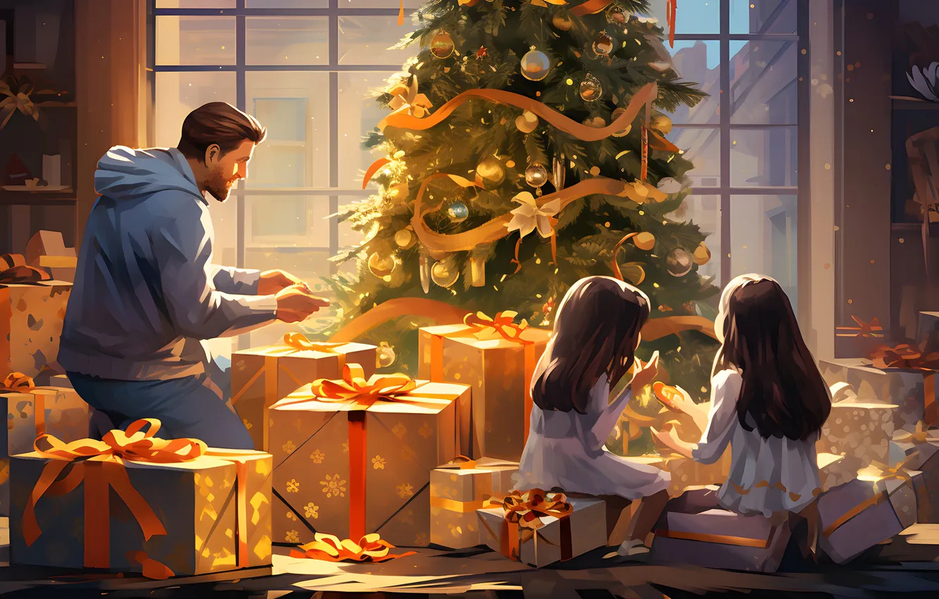 Photo wallpaper gift, tree, new year, Christmas, girl, male, three, digital art