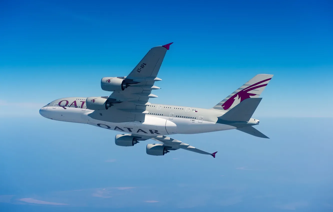 Photo wallpaper Clouds, A380, Airbus, Qatar Airways, Wing, Airbus A380, A passenger plane, Airbus A380-800