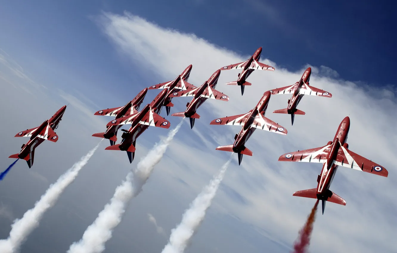 Photo wallpaper Flying, Red Arrows, BaE Hawk, Aerobatic, Formation Flying
