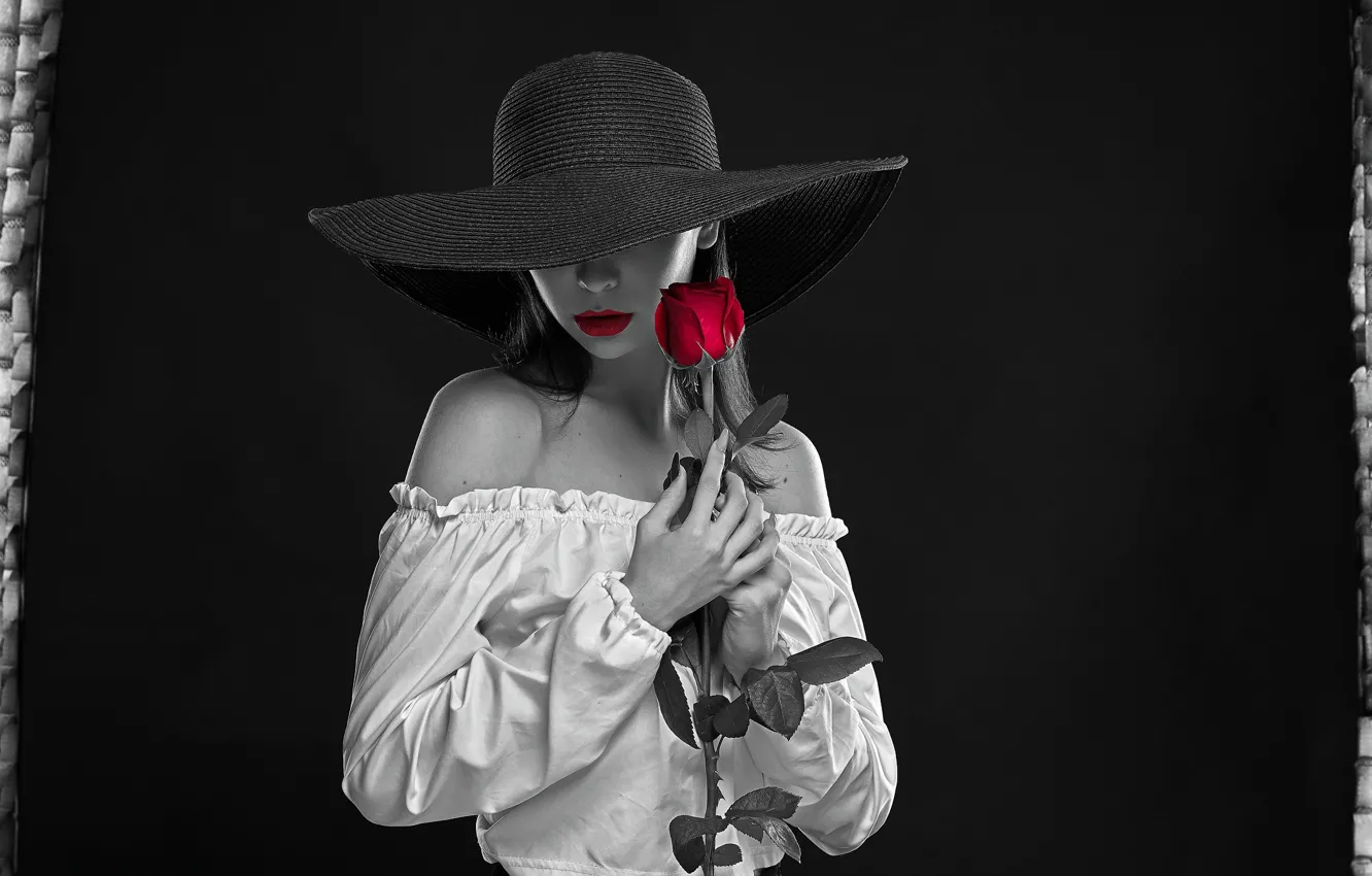 Photo wallpaper flower, girl, pose, style, background, rose, hat, lipstick