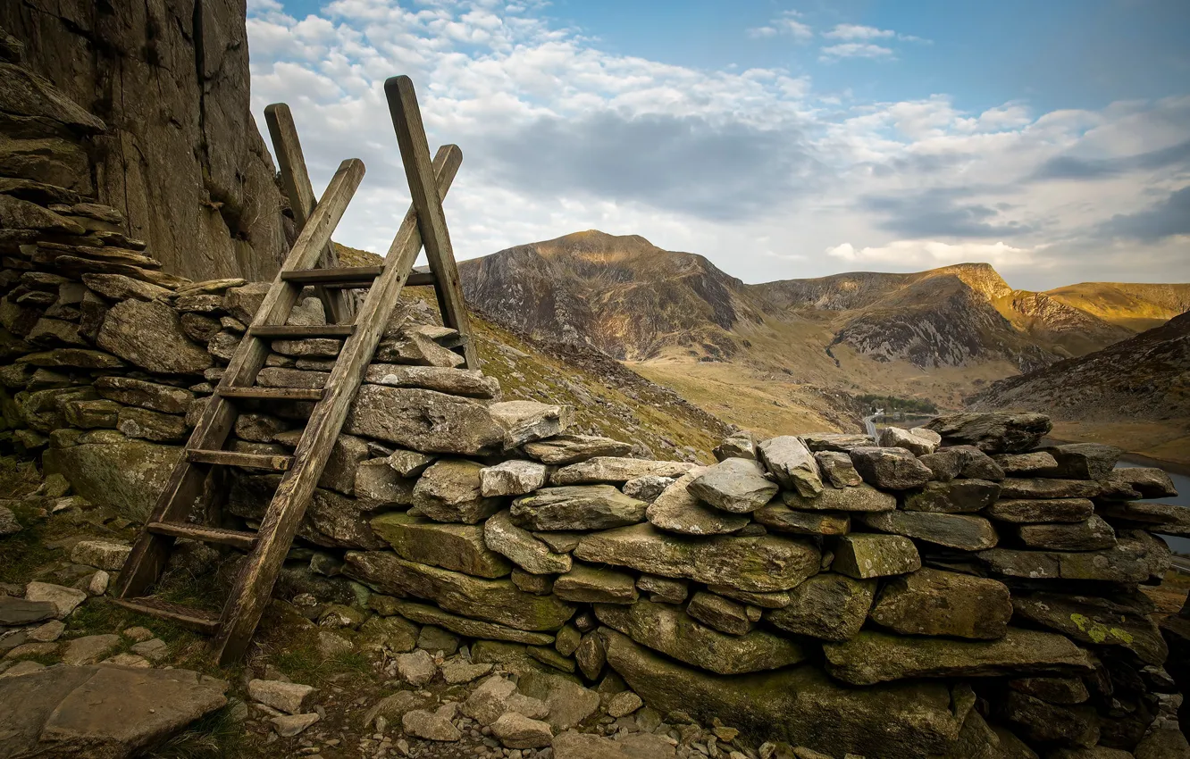 Photo wallpaper mountains, stones, the fence, ladder