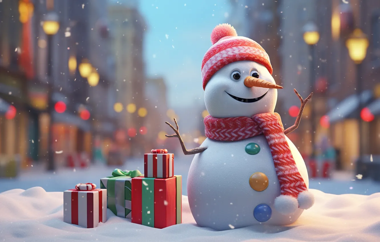 Photo wallpaper winter, snow, gift, new year, Christmas, snowman, Christmas, winter
