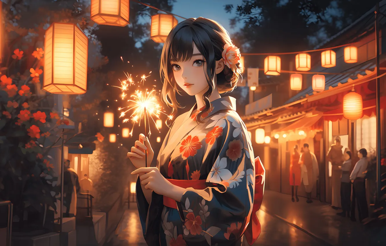 Photo wallpaper girl, kimono, anime girl, AI Art