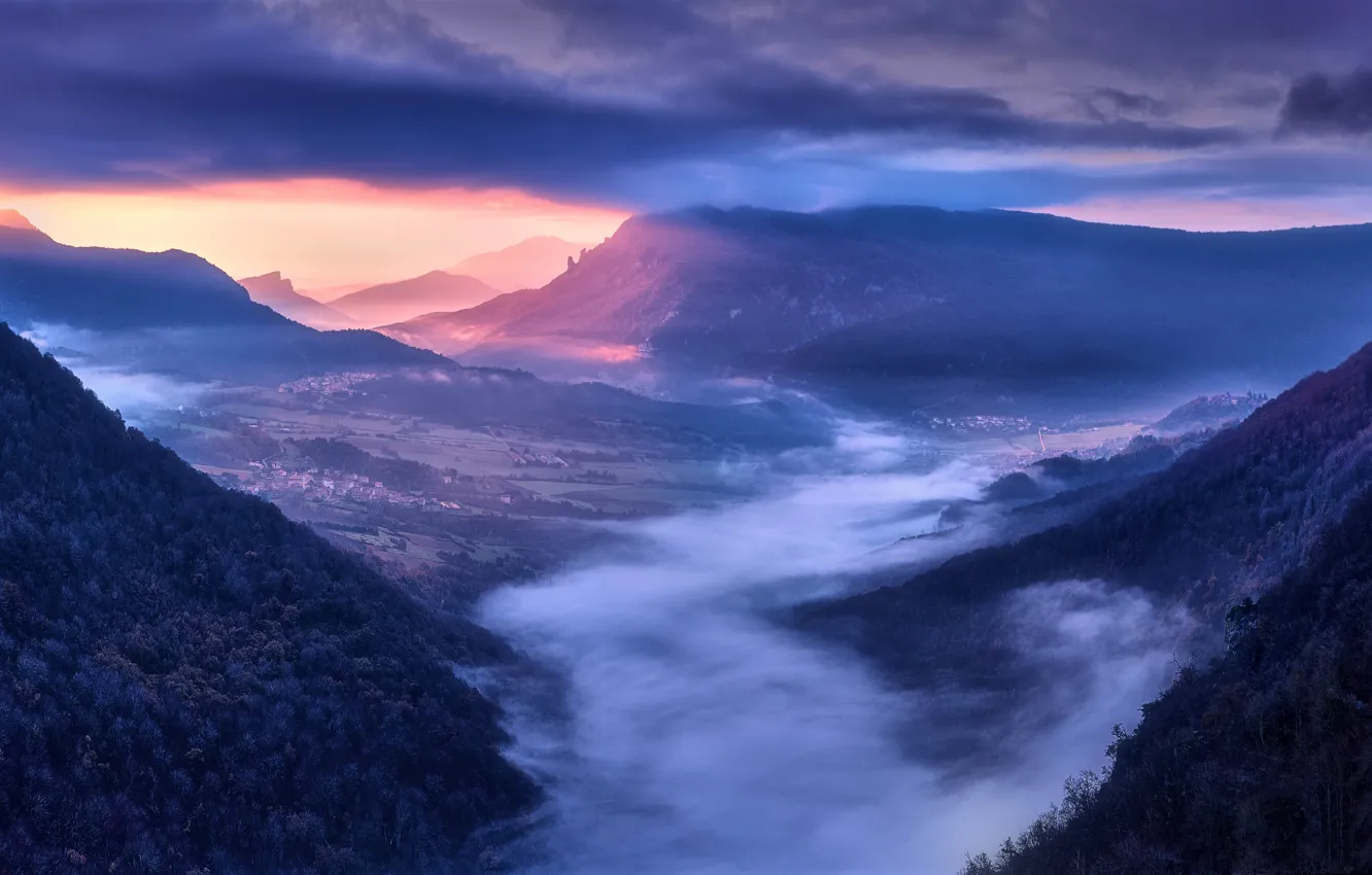 Photo wallpaper mountains, fog, dawn, morning, valley, panorama, Spain, Spain