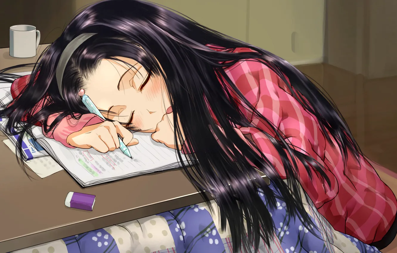Photo wallpaper girl, anime, art, handle, sleeping, mug, plaid, notebook