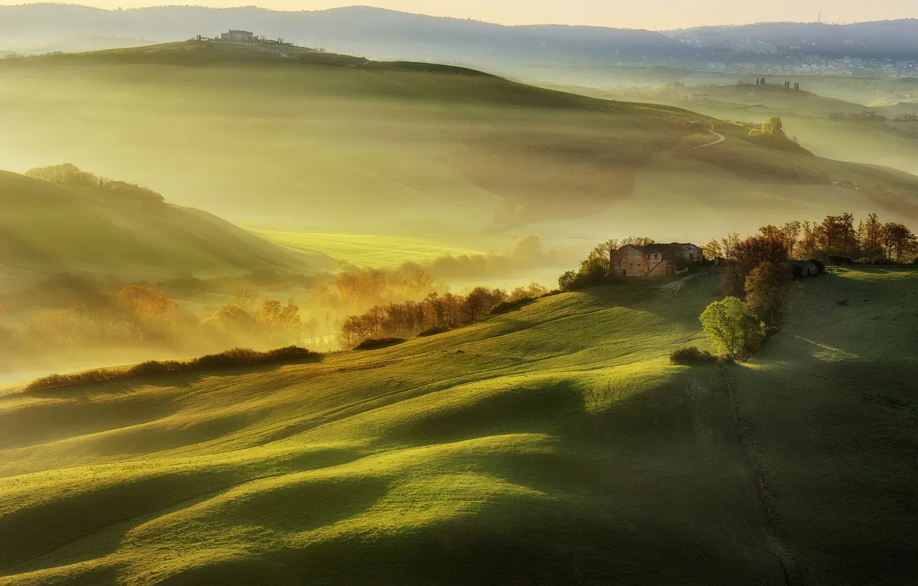 Photo wallpaper field, light, morning, Italy, haze, Tuscany