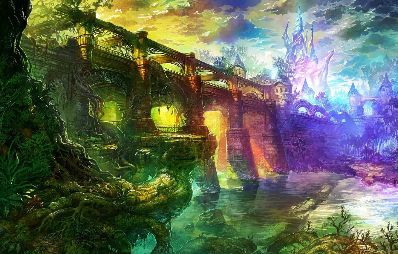 Photo wallpaper bridge, the city, river, tower, arch, fantasy world, Majin and the Forsaken Kingdom