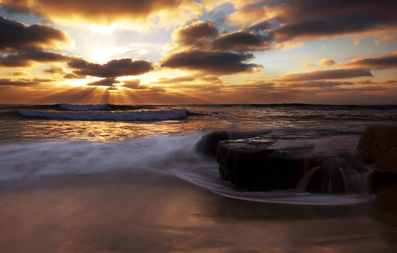 Photo wallpaper sea, landscape, sunset, rocks